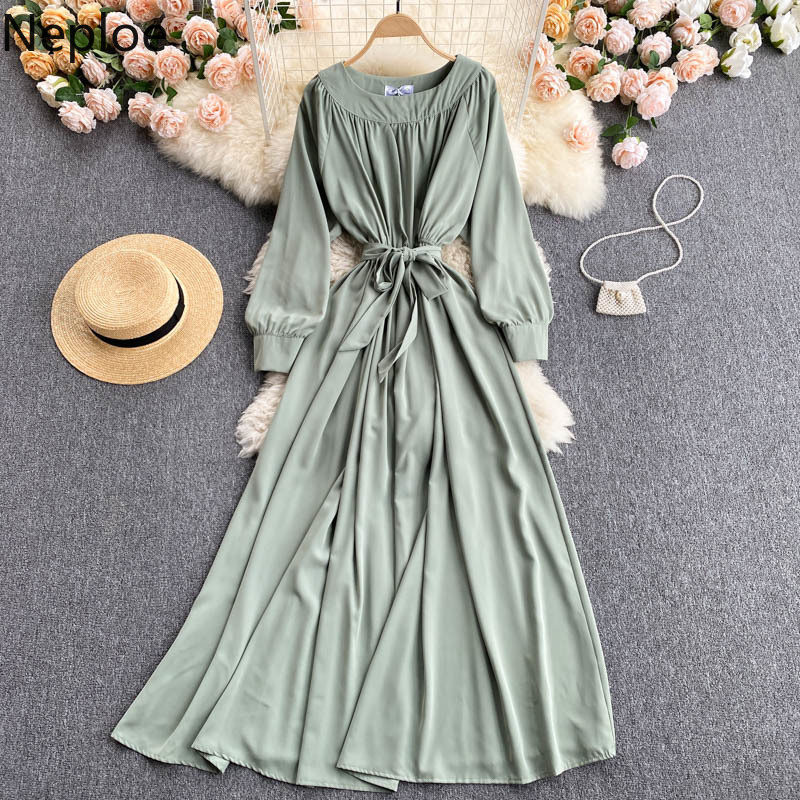 Neploe Women Dress Temperament O Neck Solid Lace-up Slim Waist Maxi Dresses Korean Long Sleeve Elegant Temperament Vestidos 210422