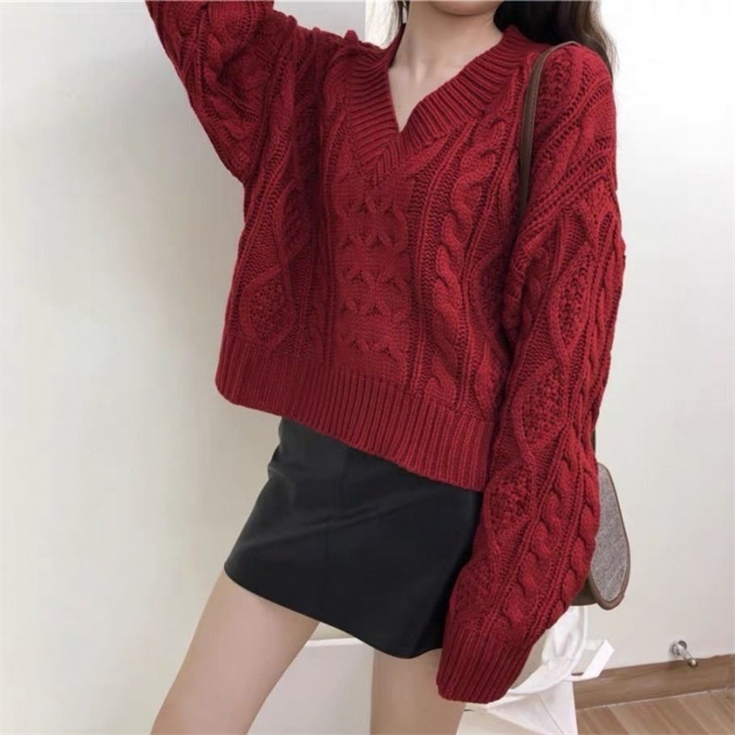 Lazy style red thread twist sweater women loose outer wear short hedging thick wool 210427