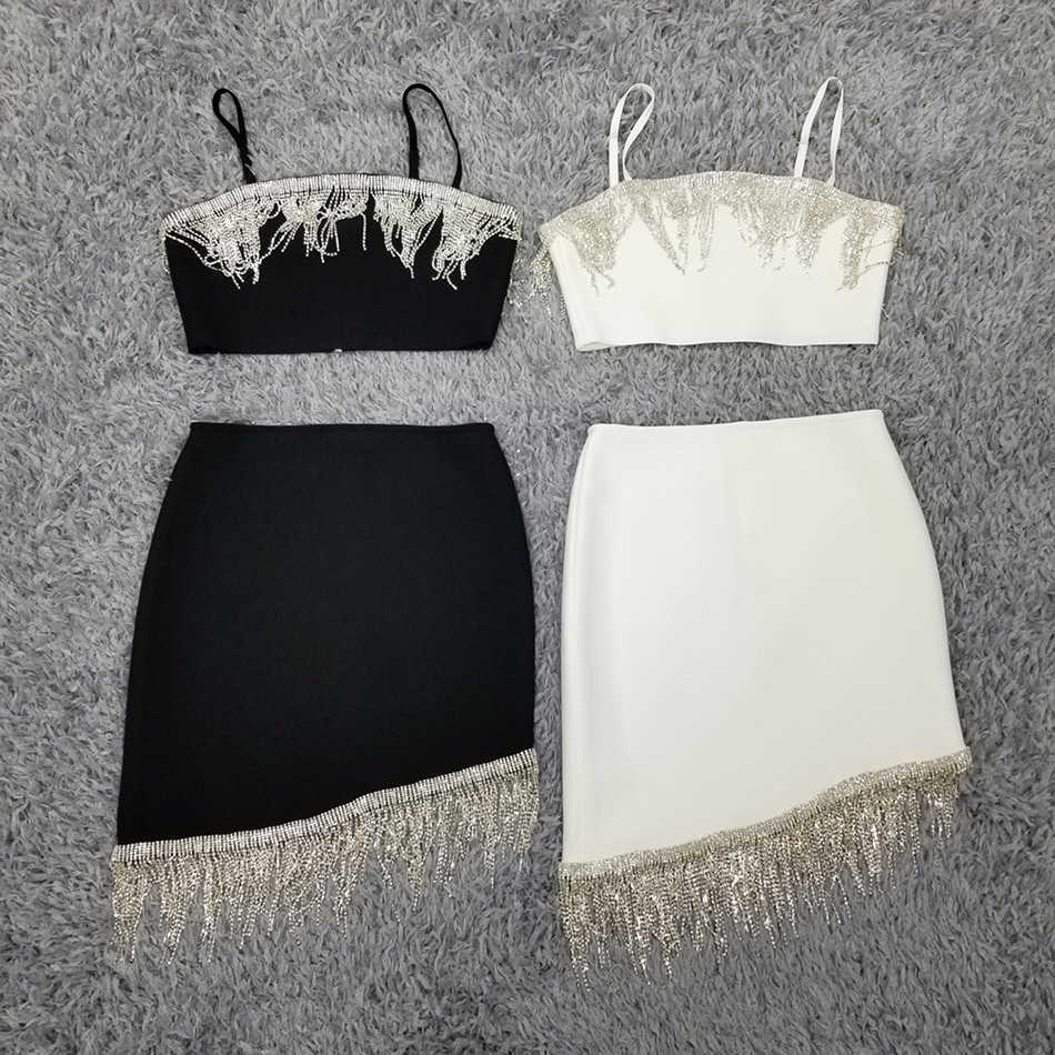 Diamond Tassel Sexy Two-Piece Ladies Summer Party 2-Piece Bodycon Club White Black Bandage Set 210525