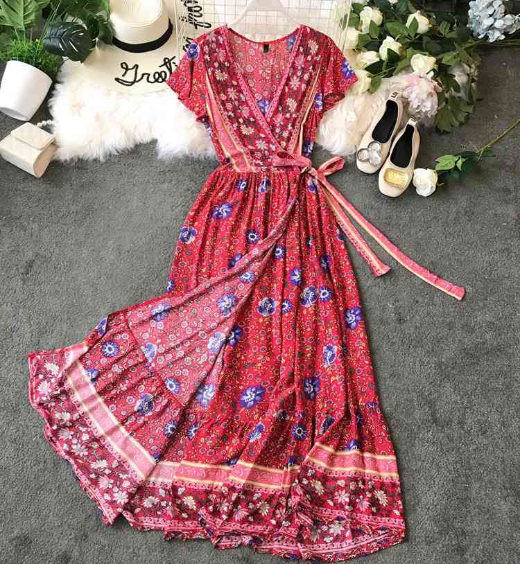 BOHO INSPIRED PINK FLORAL Wrap summer dress V-neck belt tied new maxi dress short sleeve gypsy casual women dress vestidos 210331