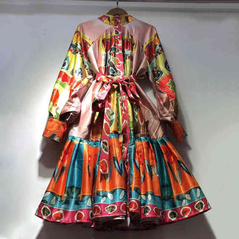 VGH Print Patchwork Ruffle Dress For Women Stand Collar Long Sleeve High Waist Lace Up Vintage Dresses Female Fashion Clothes 210421