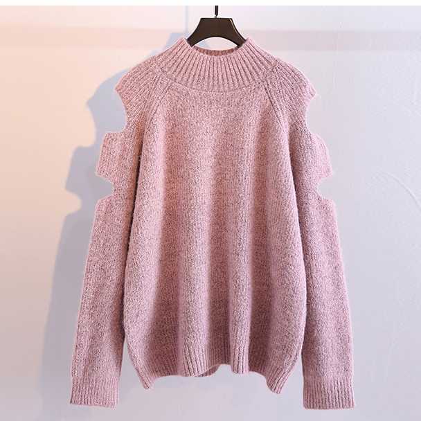 H.SA Winter Sweaters Fashion Korean Jumpers Off the shoulder Hollow Out Long Yellow Sweaters Warm Soft Casual Knit Tops 210716