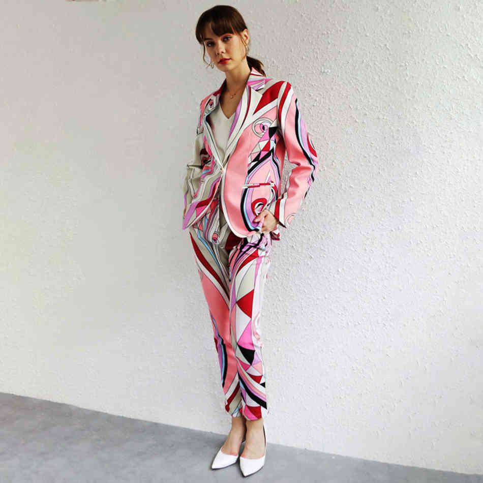 Free Spring Fashion Long Sleeve V-neck Single Button Printing Blazer Pencil Pants Two-piece Set Women 210524