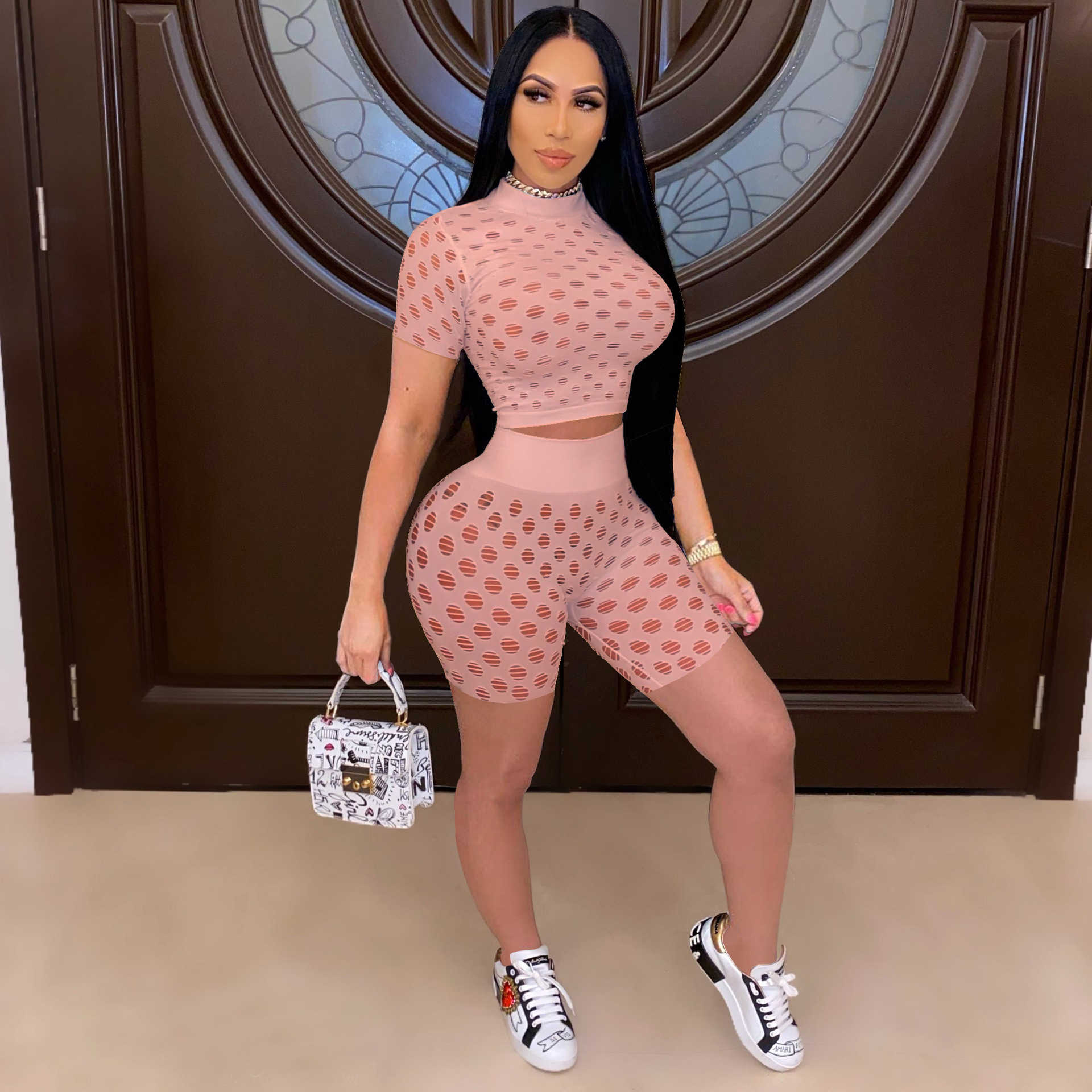 Designers Women tracksuits Clothes 2022 summer short suit elastic breathable hole fabric two-piece set Fashion