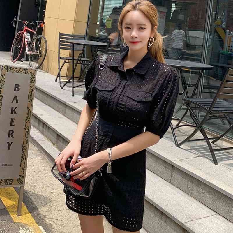 Summer Puff Sleeve Hollow Out High Waist Solid Mini Bodycon White Shirt Women Office Lady Dress 210519