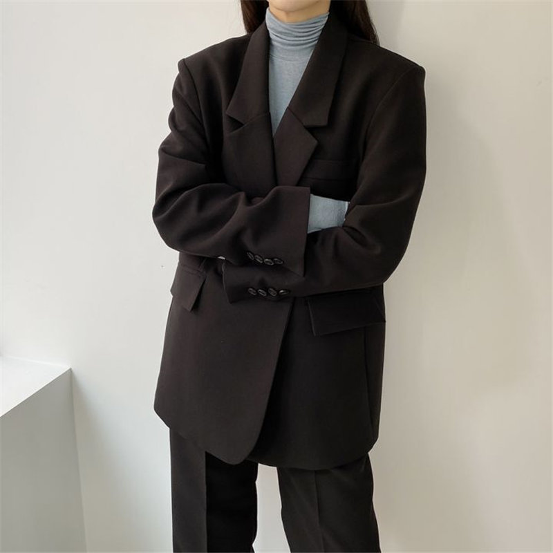 Black Chic Casual Femme Plus Size Elegance Women Blazers+ Straight Solid Pants Loose Suits Set 2 Piece Sets 210421