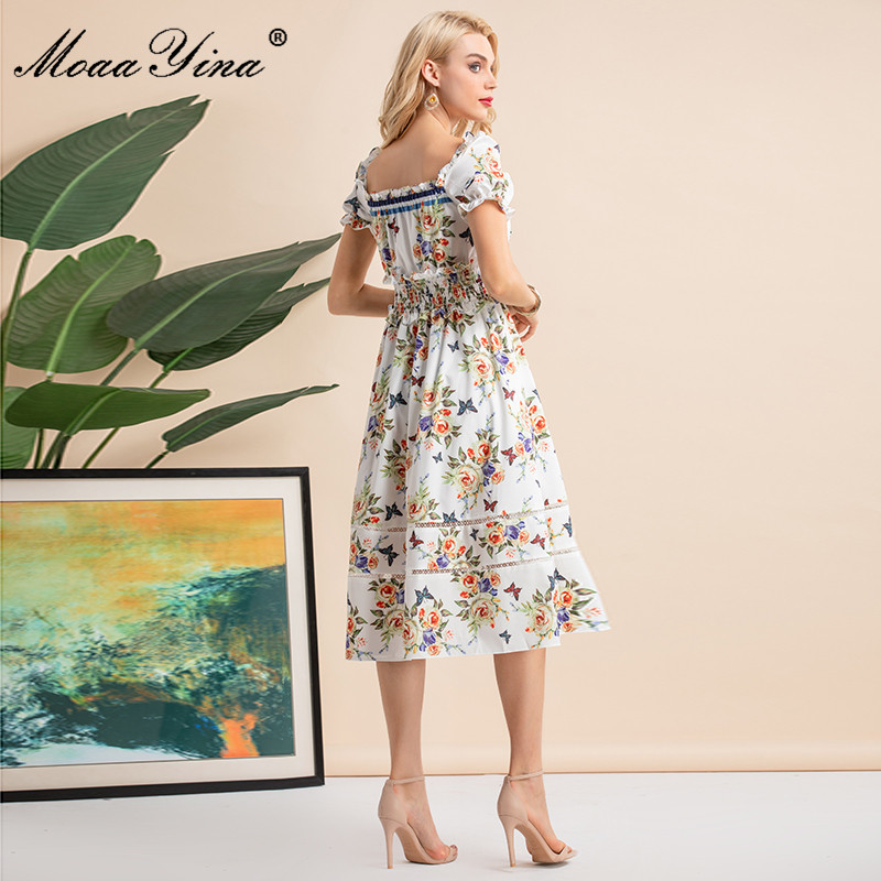 Summer Fashion Beading Printed Elegant Vacation Midi Dress Women's Elastic waist Floral Vintage Party 210524