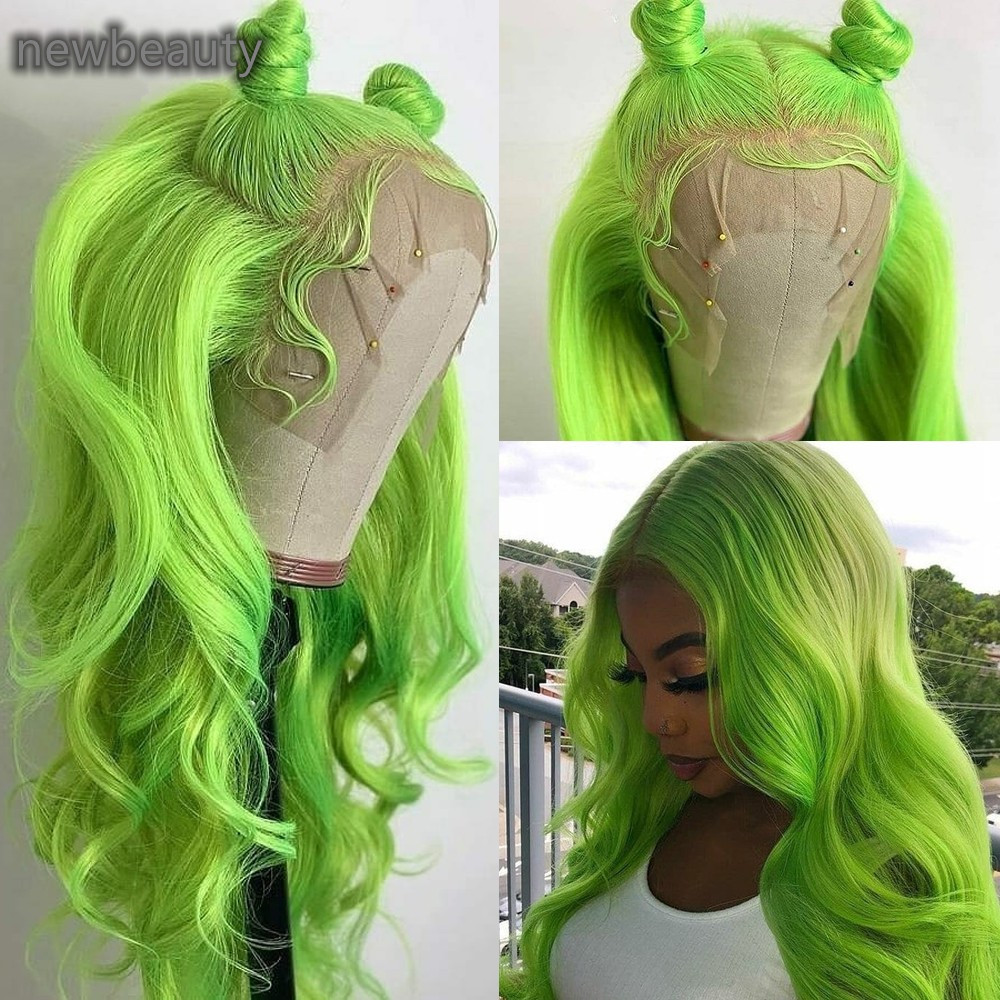 Synthetic Lace Frontal Wig Natural Wave Hair Green Color Long Wavy Wigs For Black Women Cosplay Party