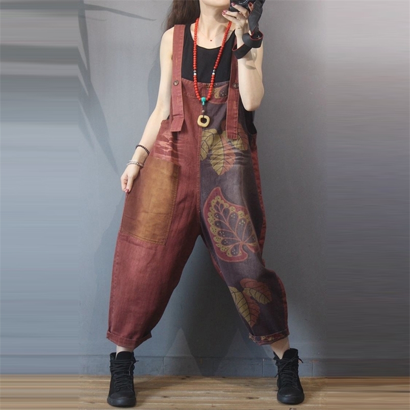 Spring Summer Arts Style Women Loose Casual Jumpsuits Cotton Denim Patchwork Print Vintage Jumpsuit high quality S875 210512