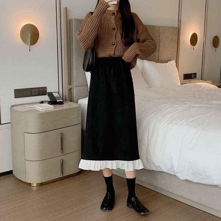 Nomikuma Korean Ruffle Hit Color Patchwork Women Skirt Causal Stretch High Waist A-line Skirts Autumn Faldas Mujer 6D183 210427