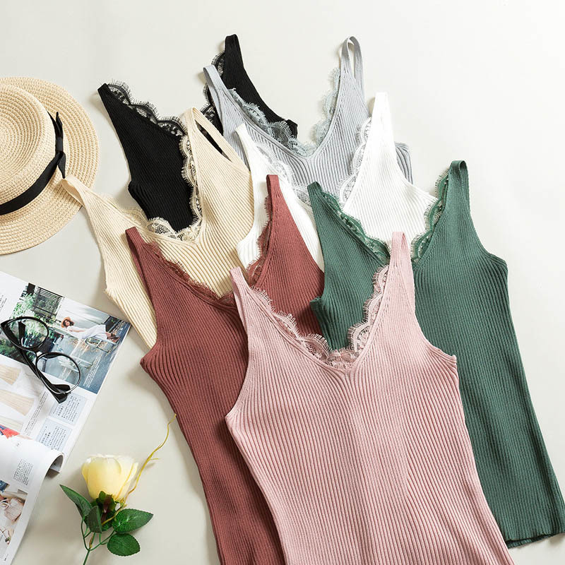 Sexy Women Lace Camisole Splicing Double V-neck Vest Plain Slim Sling Camis White Crop Top Woman Plus Size Korean Tanks 210428