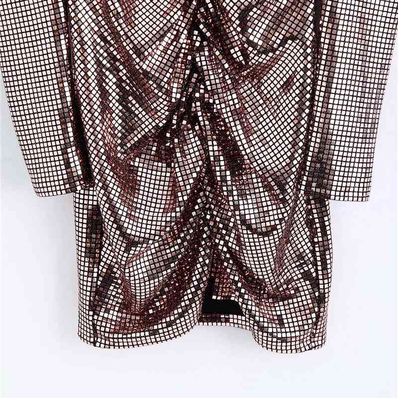 Sweet Women Party Slim Mini Dress Fashion Ladies V-Neck Sequined Dresses Sexy Female Chic Draped Puff Sleeve Vestidos 210430