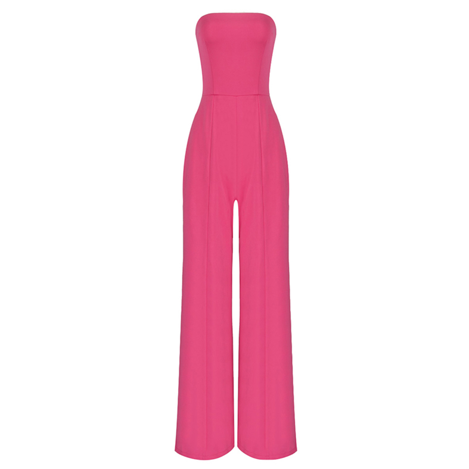 Summer High Quality Women'S Jumpsuit Curb Shoulder Sexy Celebrity Party Rose Red Tube Top Wide Leg 210525