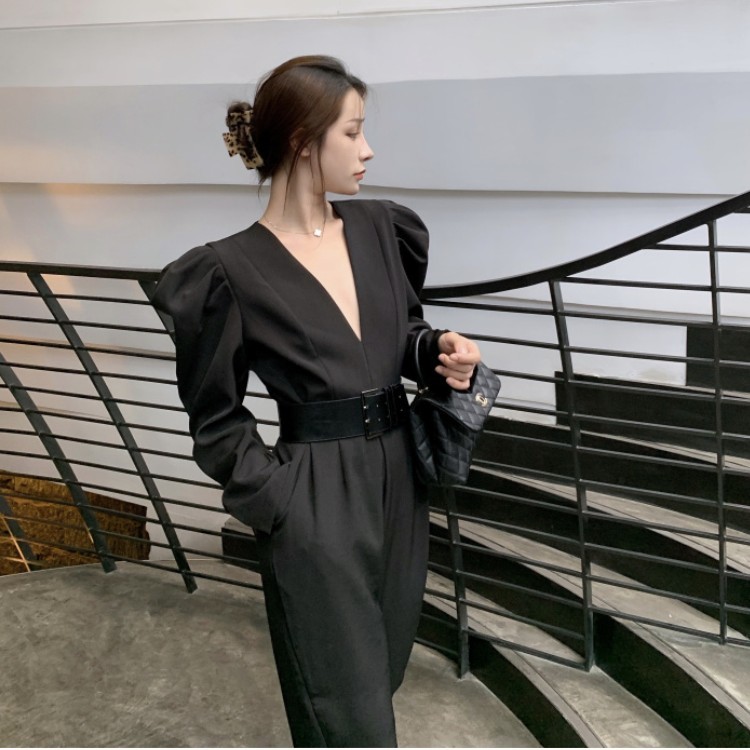 Korean Vintage Solid Women Jumpsuit Sexy Deep V Neck Playsuit Elegant Office Lady Puff Long Sleeve Fashion With Belt 210519