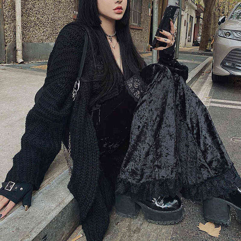 Sexy Fashion Patchwork Lace Solid Flare Pants Women Gothic Dark High Waist Loose Trousers Street Suede 211115
