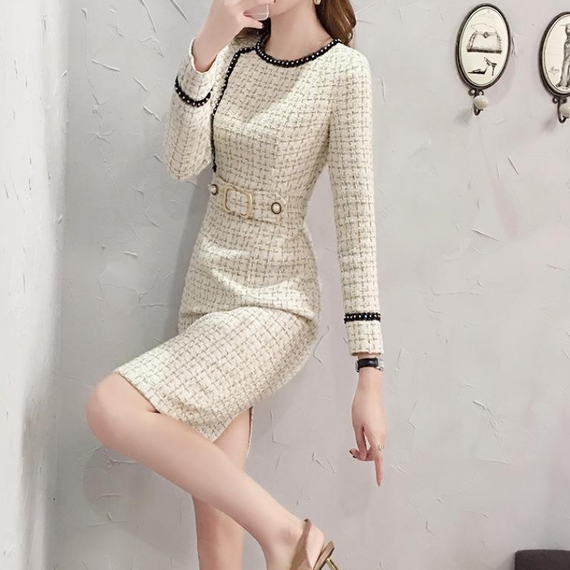 Comelsexy Tweed Dress Women Spring Vintage Wool Plaid Dresses Female Elegant Woolen Dress Ladies Office Vestidos 210515