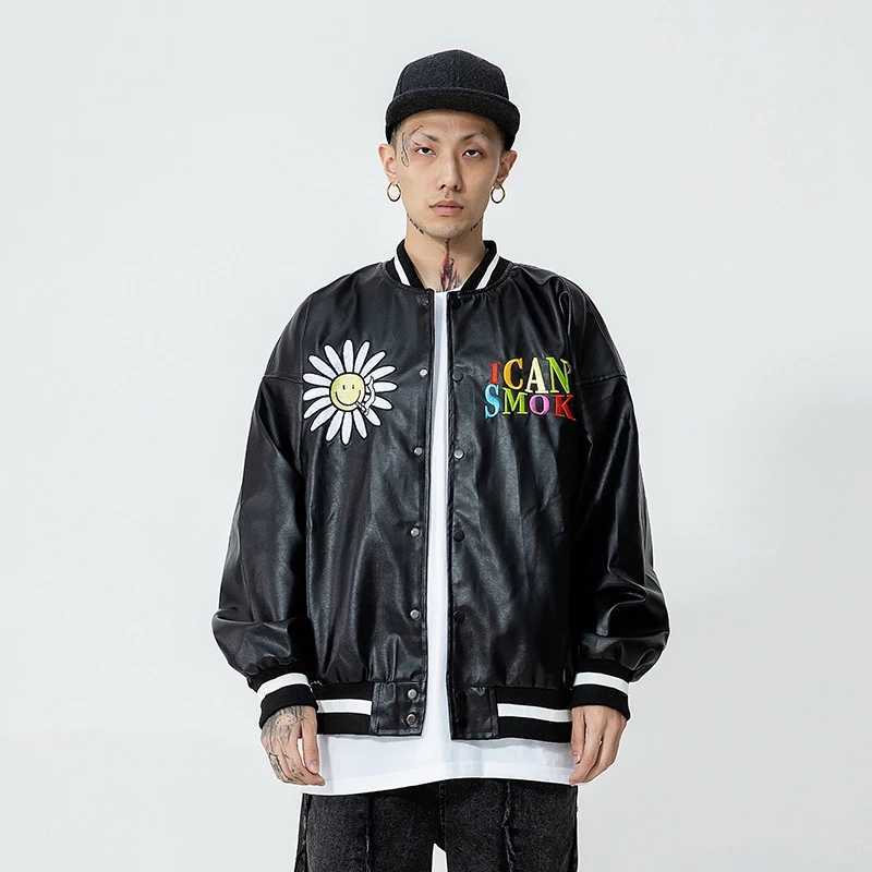 Baseball Uniform Jacket Men Daisy Letter Embroidery PU Leather Bomber Jacket Spring Autumn Oversize Couple Korean Motorcycle Top 210818