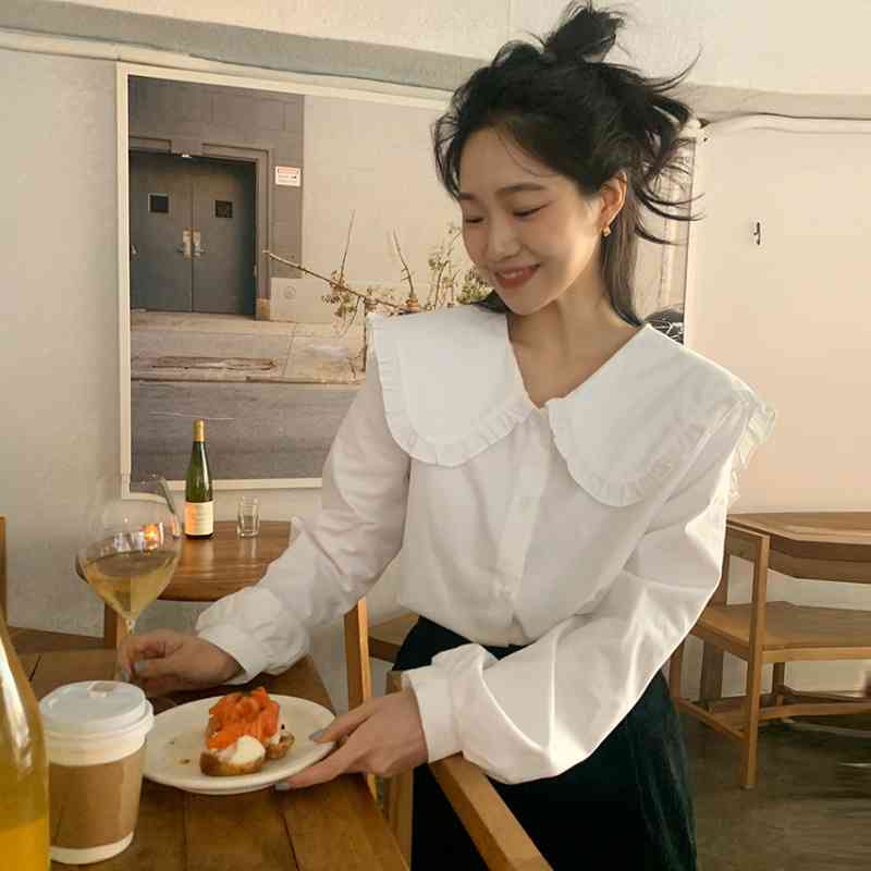 Sweet Ruffled Plus Size White Peter Pan Collar Blouse Women Puff Long Sleeve Loose Chic Office Lady Tops Blusas Mujer Wild 210429
