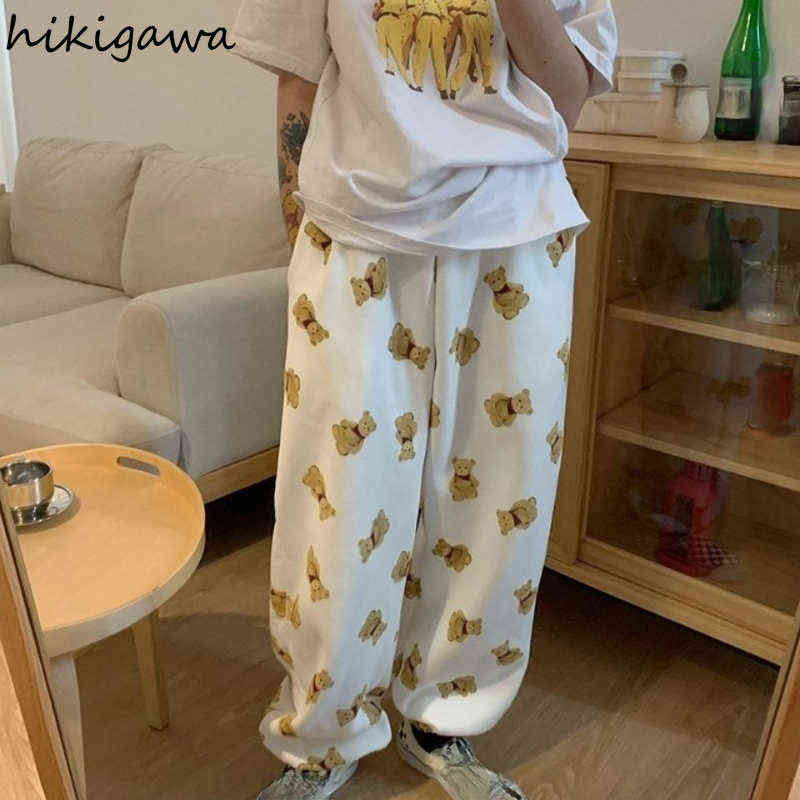 Hikigawa Cartoon Bear Sweatpants Women Streetwear Loose Straight Trousers High Waist Thicked Casual Wide Leg Pants 7z028 211115