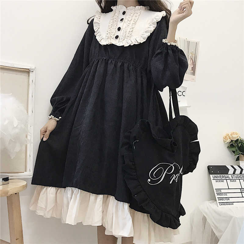 Japanese Style Autumn Women'S Dresses O-Neck High Waist Slimming Contrast-Color Ruffled Sweet Lolita Dress Kawaii Clothing 210623