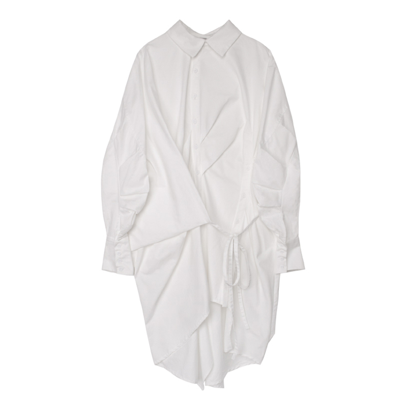 Asymmetry Shirt Dress Women's Summer Laple Loose Single Breasted Bandage Long Sleeve Mini Dresses Female 210427