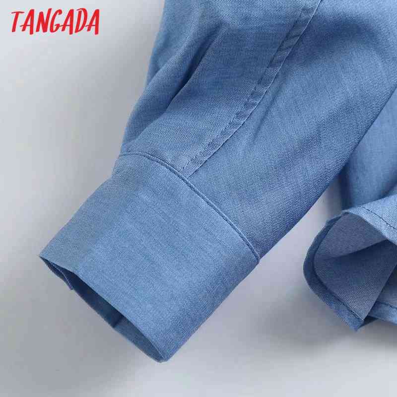 Women Elegant Thin Denim Puff Long Sleeve Chic Female Casual Loose Shirt Tops 4C65 210416