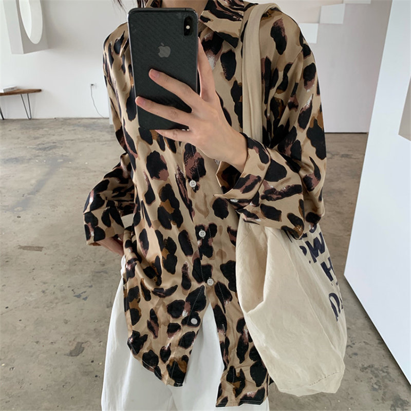 High Street Women Loose Elegance Leopard Lapel Animal Printed Chic Gentle Shirts Vintage Casual Tops All Match Clothe 210421
