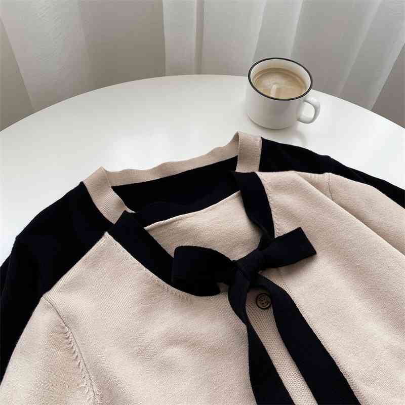 Korean Knitted Bow Cardigans Sweaters Women Autumn Winter Long Sleeve Single Breasted Tops Fashion Solid Vintage Jumpers 210514