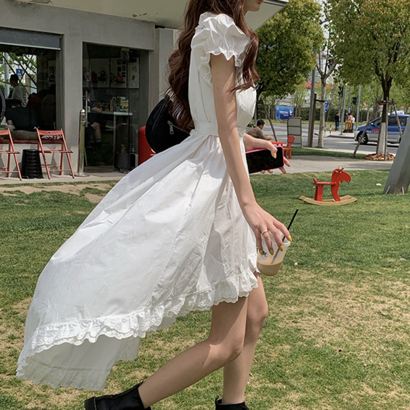 Korean Elegant Casual Women Summer Dress Female Square Collar Vintage Puff Sleeve Irregular Lace Splice Midi Long Dress Vestidos 210331