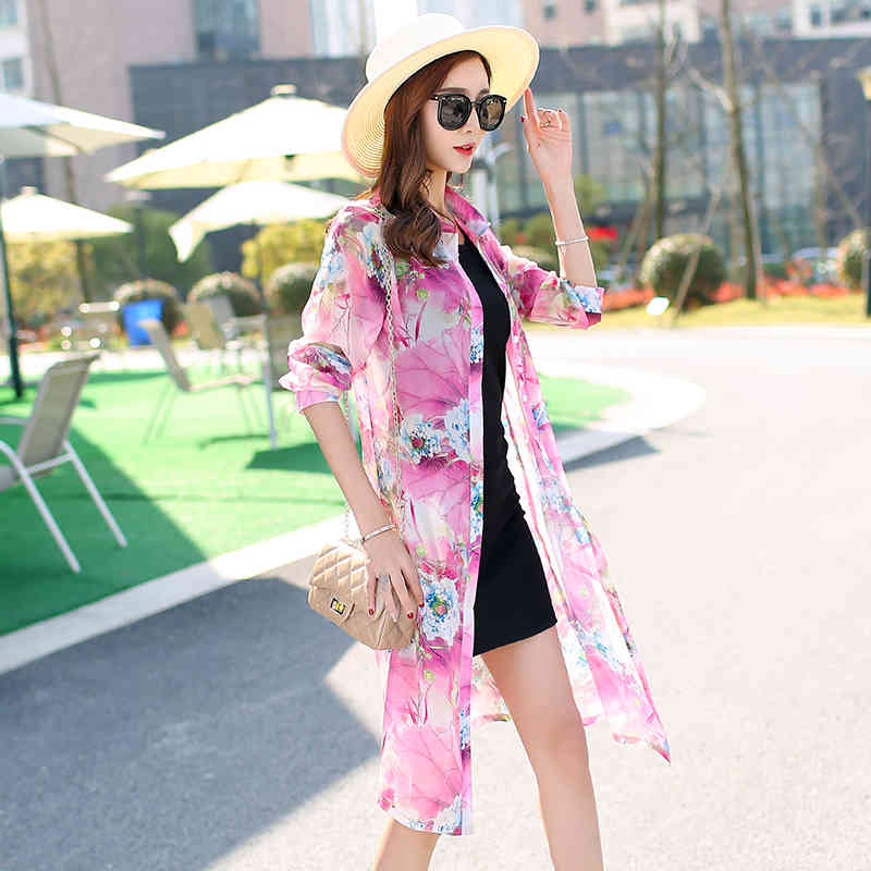 Summer Long Shirt Women Beach Sun Protection Clothes Floral Loose Sleeve Cardigan Chiffon Blouse Print Tops 9127 50 210508