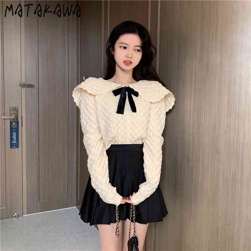 MATAKAWA Knitted Sweater Cardigan Coat Turn-down Collar Sweaters for Women Bow Fashion Retro Japanese Spring Top 210513