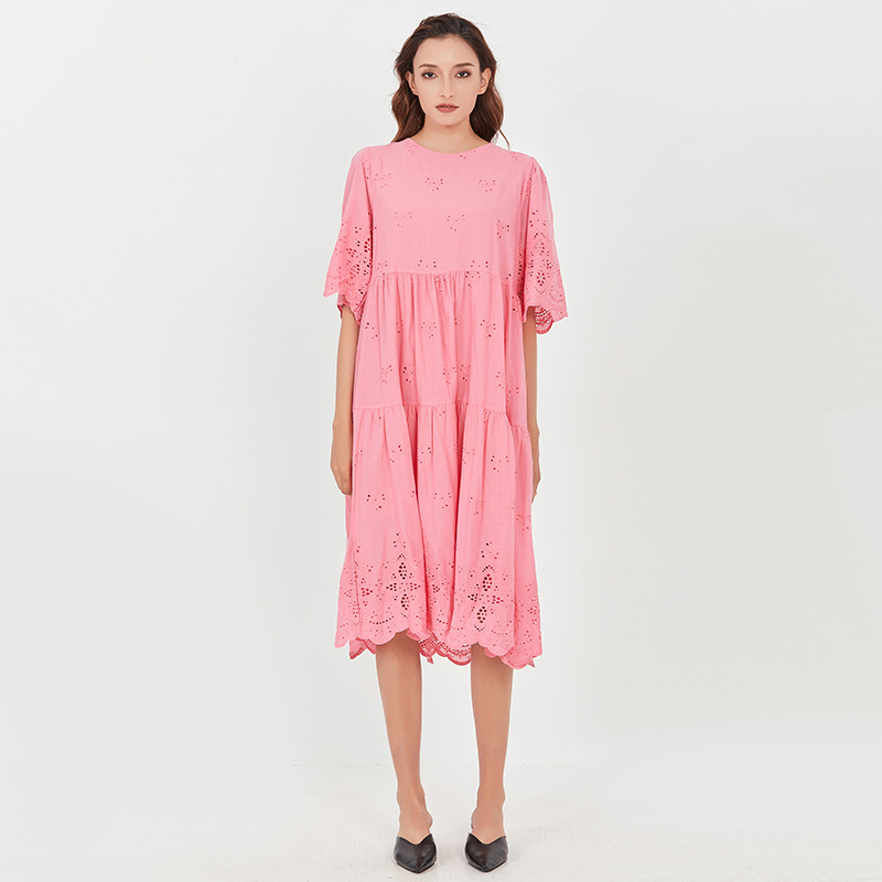 VGH Pink Hollow Out Dress For Women O Neck Half Sleeve Ruched Elegant Midi Dresses Female Fashion New Clothing Summer Tide 210421