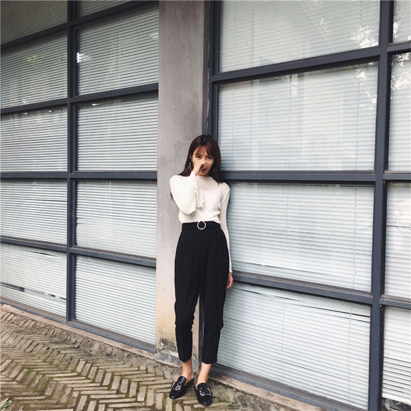 OL Elegant High Waist Harem Pants Women Spring Autumn Solid Work Casual Loose Suit Female Black Trousers 210421