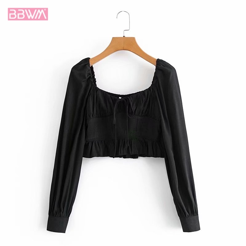 Square Collar Long Sleeves Neckline Tie Women Vintage Short Waist T-shirt Fashion Chic Female Tops 210507