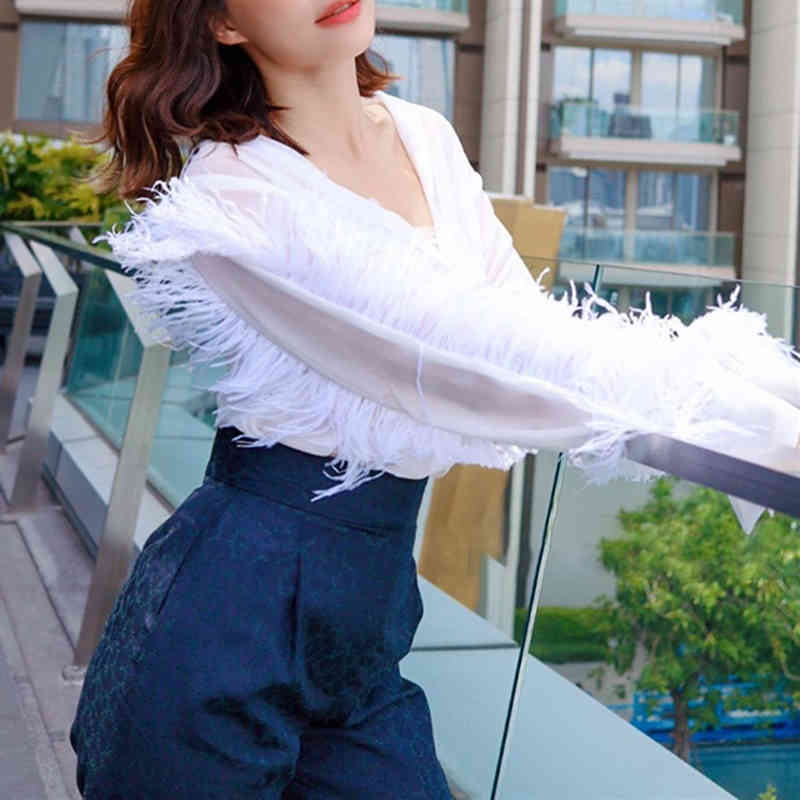 Black Patchwork Feather Shirt For Women Lapel Long Sleeve Minimalist Casual Blouse Female Fashion Clothing 210524