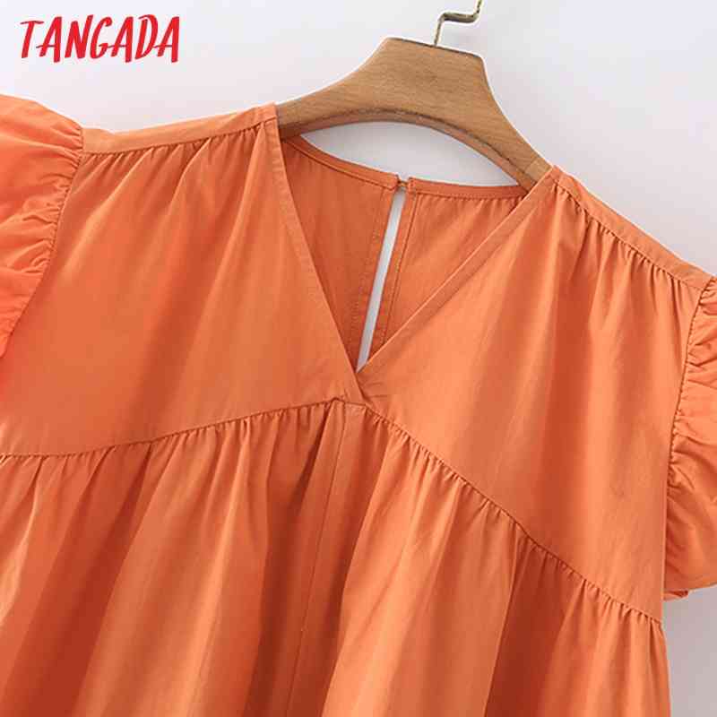 Summer Women Orange V Neck Ruffles Short Sleeve Ladies Mini Dress Vestidos 5X50 210416