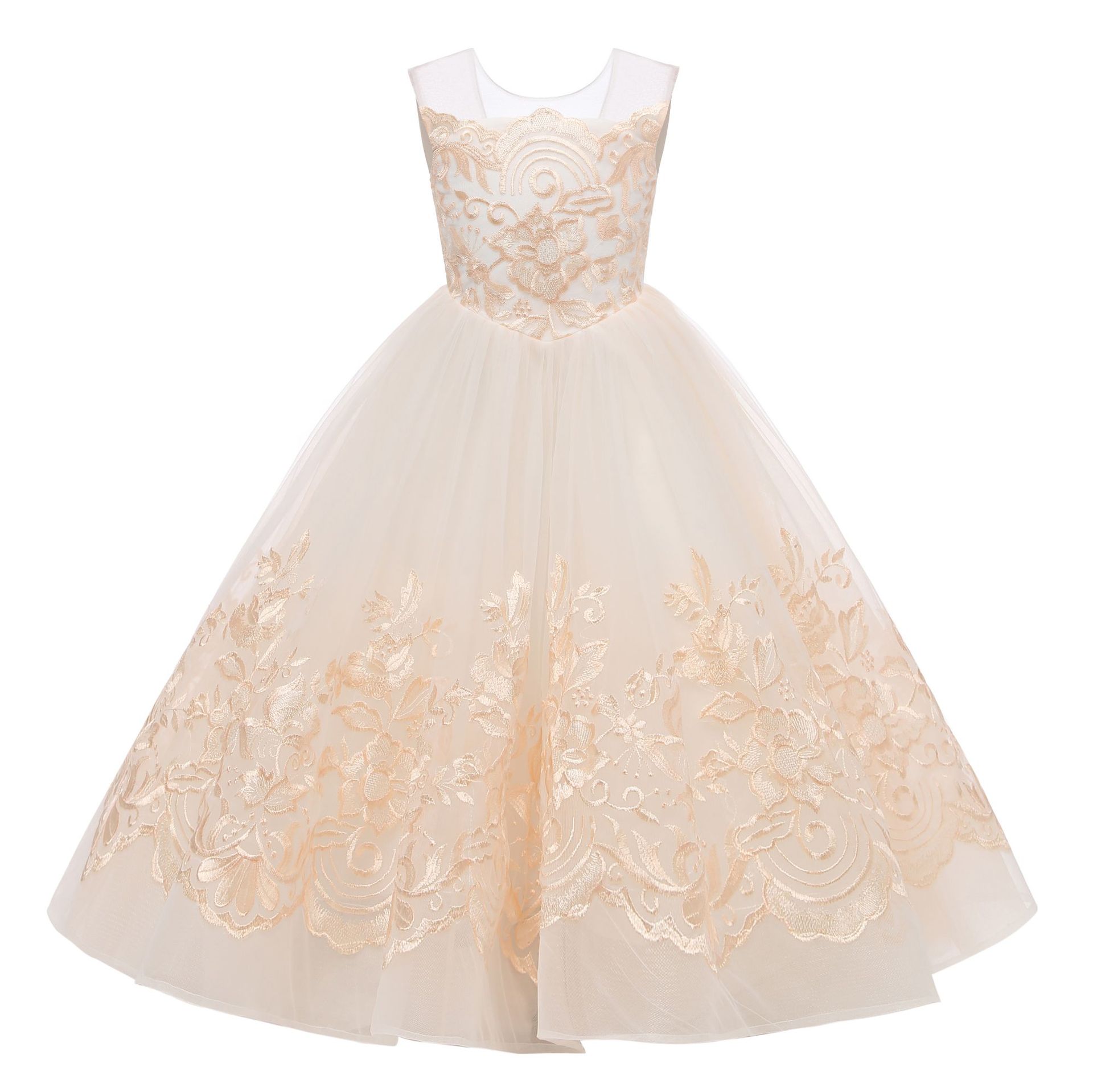 Champagne Lavender Lace Little Girls Pageant Dresses 3D Floral Appliques Toddler Ball Gown Flower Girl Dress Floor Length Tulle First Communion Gowns 