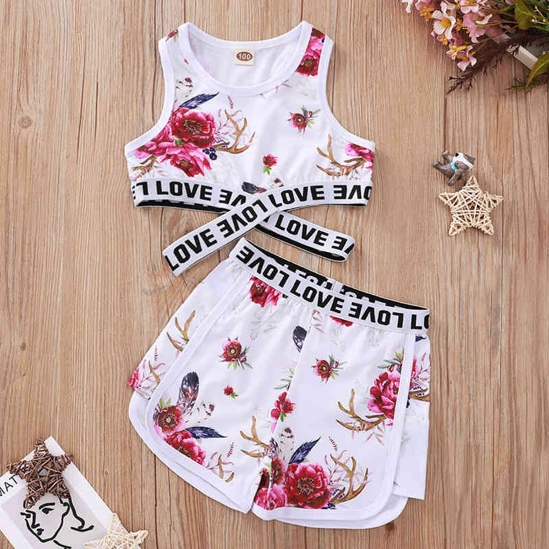 Letter Stitching Sleeveless Vest + Shorts Children's Suit Summer Flower Print Girl Clothes Sports 210515