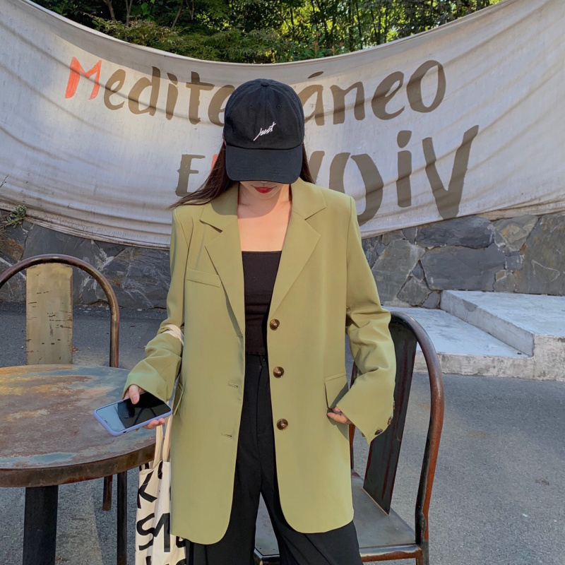 Korean Green Large Size Brief Solid Outwear Coats Streetwear OL Blazers Chic Vintage All Match Loose Stylish Jackets 210421