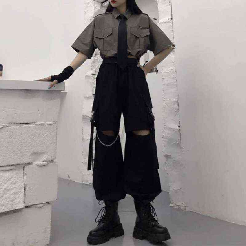 HOUZHOU Gothic Streetwear Women's Cargo Pants with Chain Punk Techwear Black Oversize Korean Fashion Wide Leg Trousers Alt 211115