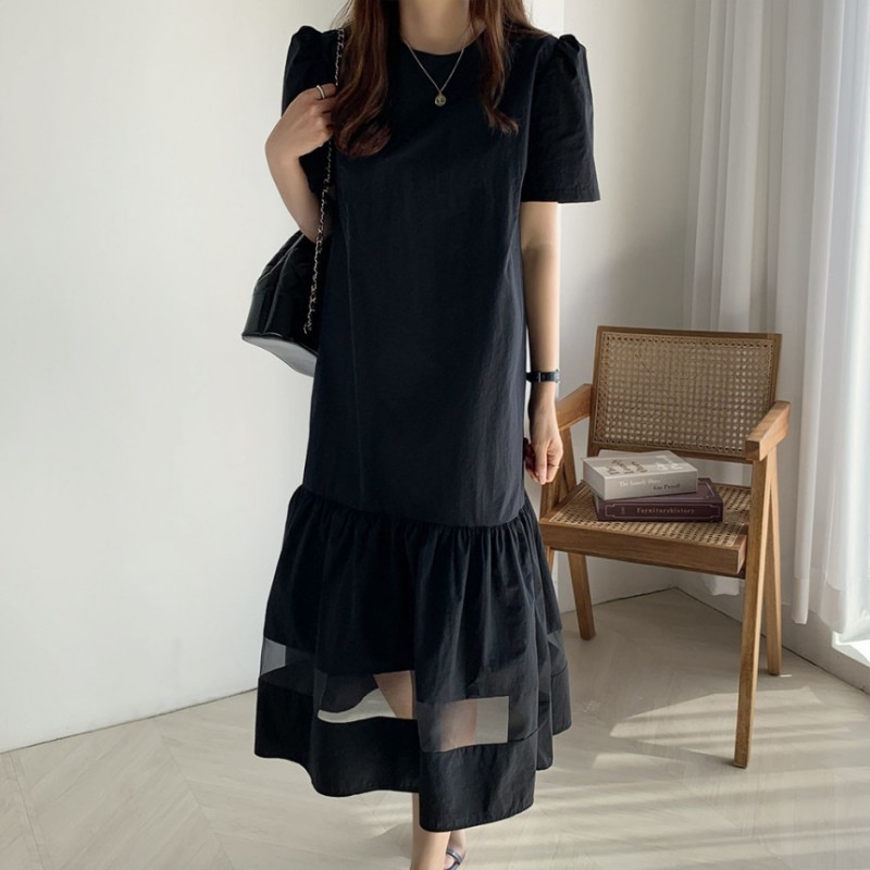 Korea Fashion Women Summer Elegant Puff Sleeve Lace Patchwork Ruffles Dress Casual Party Dresses Vestidos Robe 210519