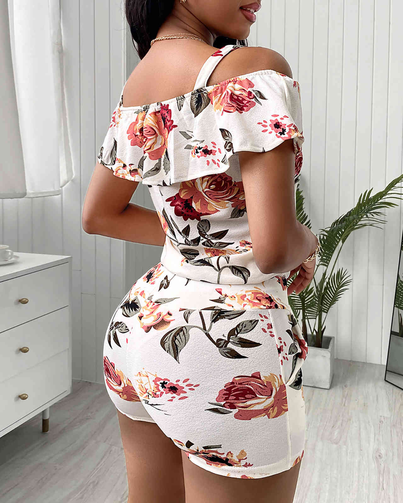 Summer Women Floral Print Top & Drawstring Shorts Set Elegant New Femme Cold Shoulder Crop Top & Skinny Above Knee Bottoms Set 210415