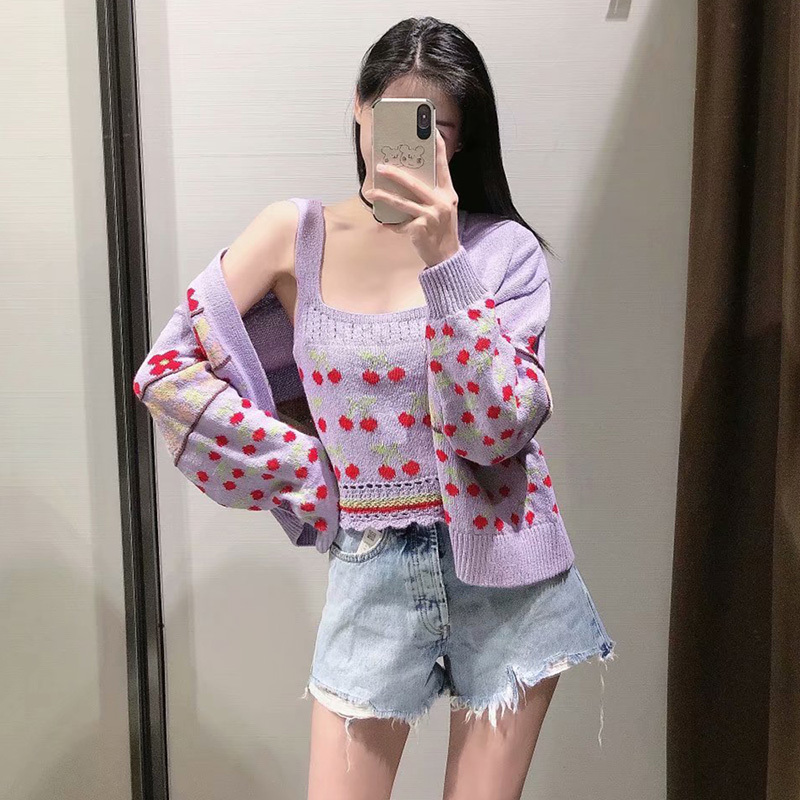 Women Sweet Cherry Print Open Stitching Knitted Sweater Female Chic Color Match Patchwork Loose Cardigans Tops 210521