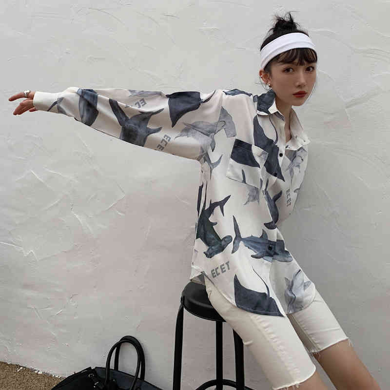 Shark Print Oversized Shirt White Long Sleeve Top Women Button Up Collar High Fashion Blouses 210427