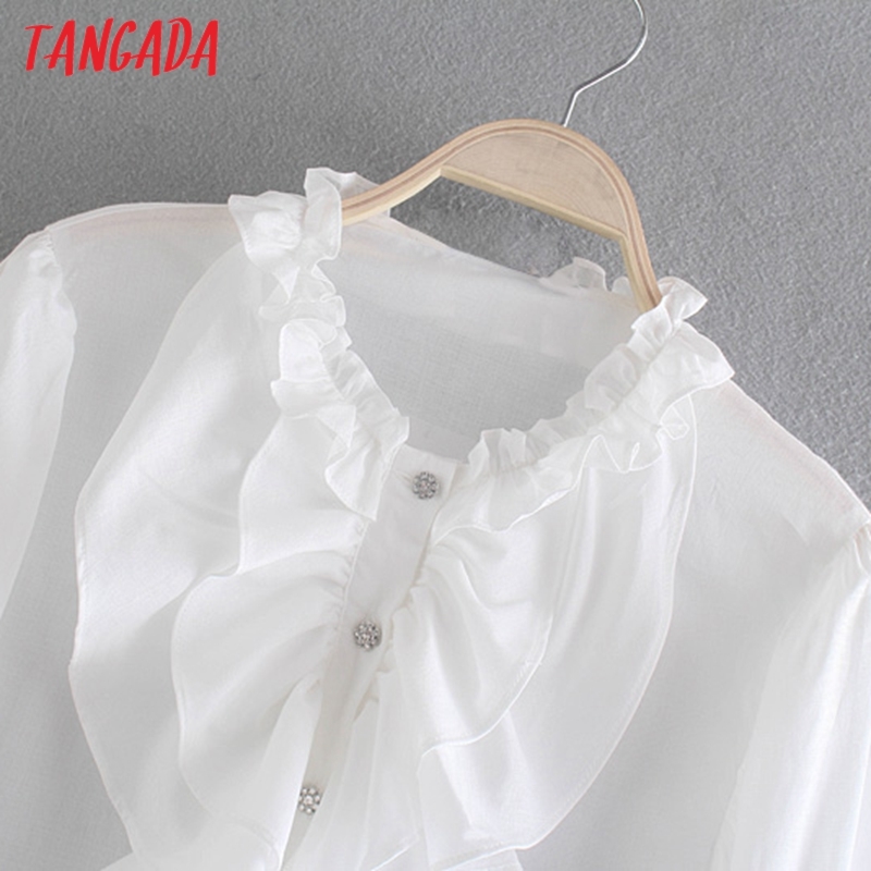 Women Retro Ruffles Beading Buttons Romantic Blouse Long Sleeve Chic Female Shirt Tops 4N22 210416