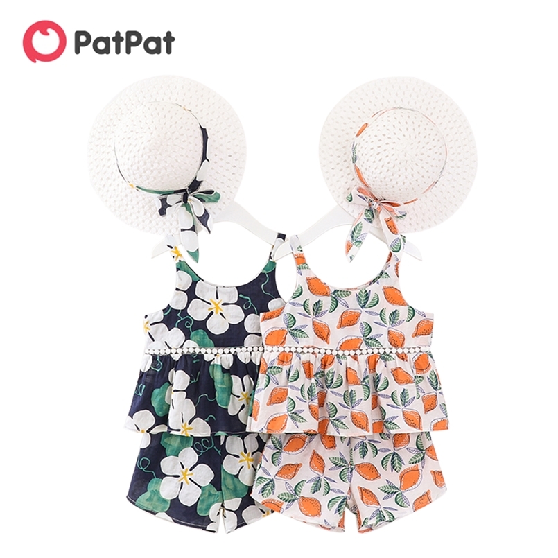 Summer 3-piece Toddler Girl Fruit Lemon Top and Shorts Set with Hat 210528