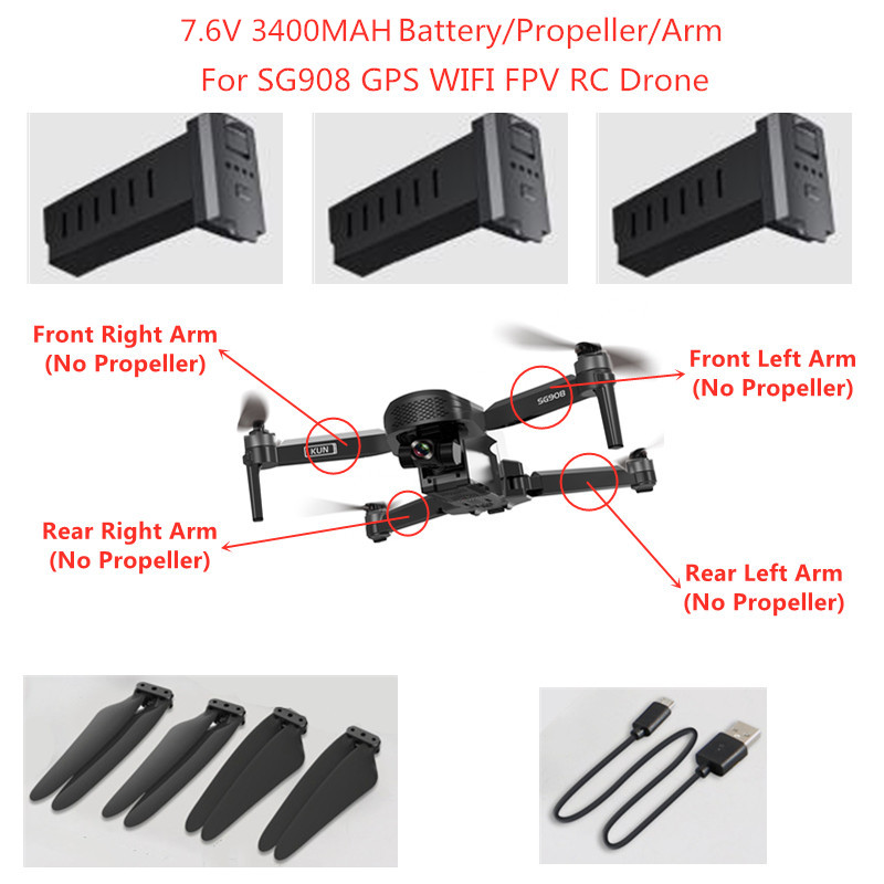7.6V 3400mAh Battery/Propeller/USB Line/Arm Motor for SG908 GPS RC Drone Parts SG908 Main Blades And Other Accessories
7.6V 3400mAh Battery/Propeller/USB Line/Arm Motor for SG908 GPS RC Drone Parts SG908 Main Blades And Other Accessories