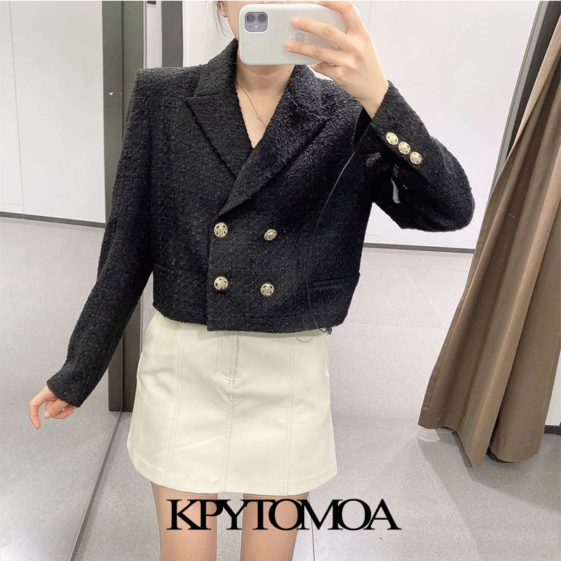 KPYTOMOA Women Fashion Double Breasted Tweed Cropped Blazer Coat Vintage Long Sleeve Pockets Female Outerwear Chic Tops 210330