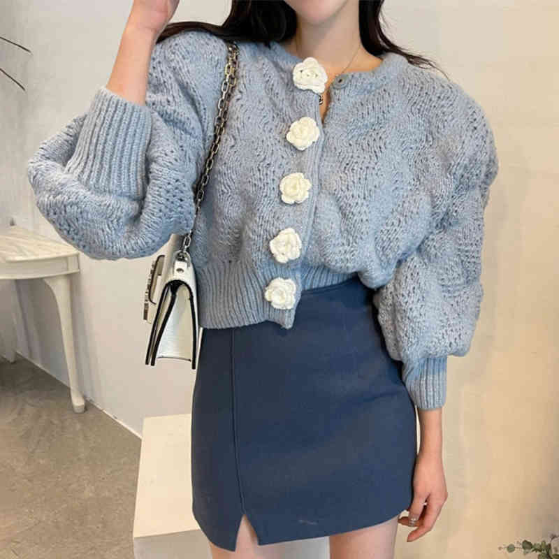 Nomikuma Vintage Puff Sleeve O-neck Sweater Coat Korean 3D Flowers Knitted Cardigan Spring Short Knitwear Tops New 6E182 210427