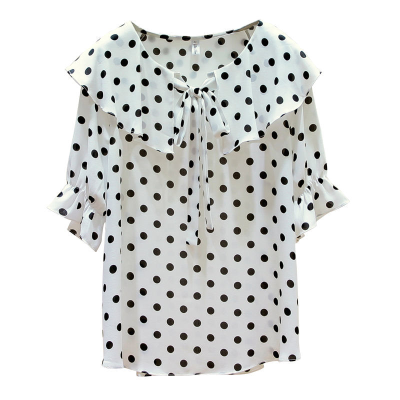 Summer Women Shirt Plus Size Half Sleeve Polka Dot Print Chiffon Shirts Sweet Cute Peter Pan Collar Ruffles Blouse D24 210512